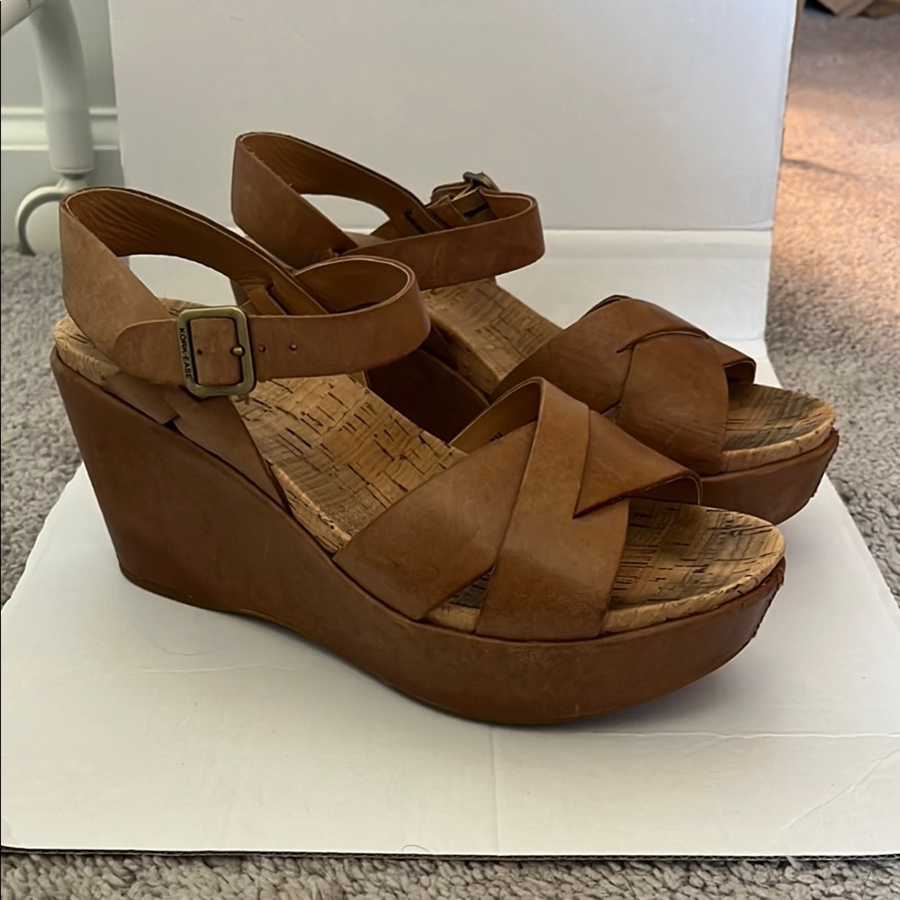 Kork-Ease Tan Wedge Sandals with Crisscross Straps